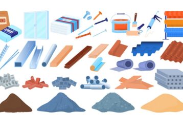 Building construction materials vector illustration set. Cartoon flat constructing industry collection with pile of cement sand brick gravel, industrial concrete slabs, builder tools isolated on white